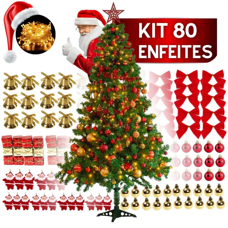 Árvore de Natal 150cm 300 Galhos - Kit Completo (80 Enfeites)