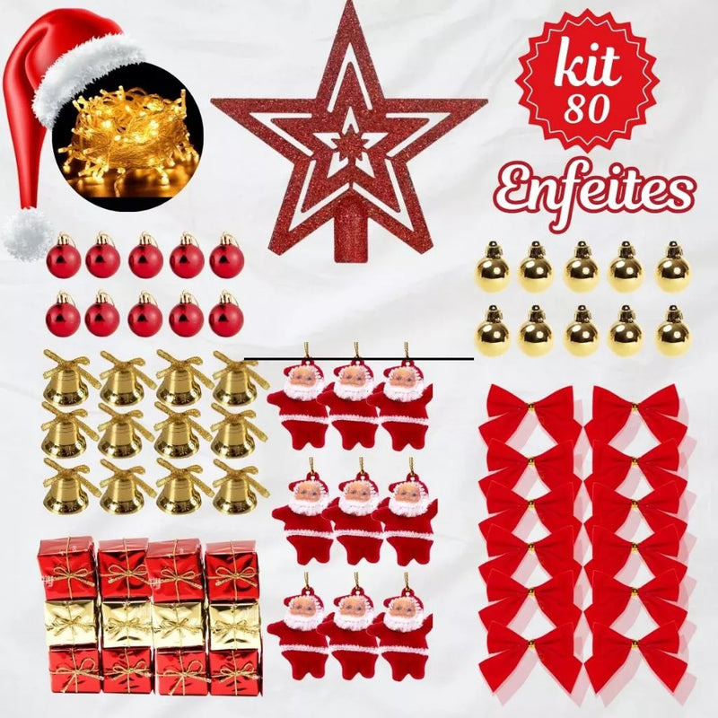 Árvore de Natal 150cm 300 Galhos - Kit Completo (80 Enfeites)
