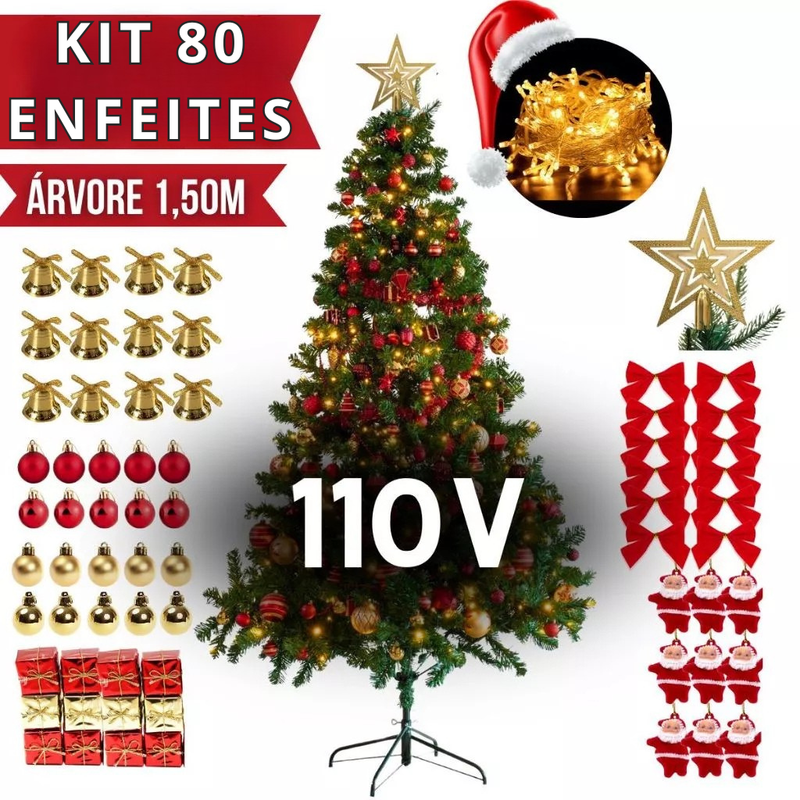 Árvore de Natal 150cm 300 Galhos - Kit Completo (80 Enfeites)