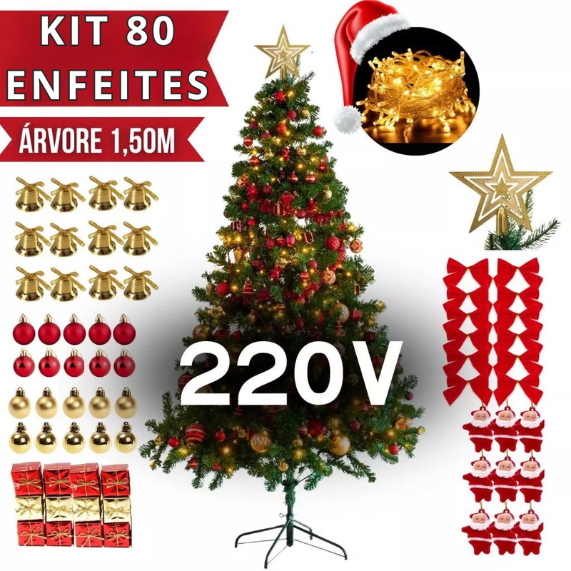 Árvore de Natal 150cm 300 Galhos - Kit Completo (80 Enfeites)